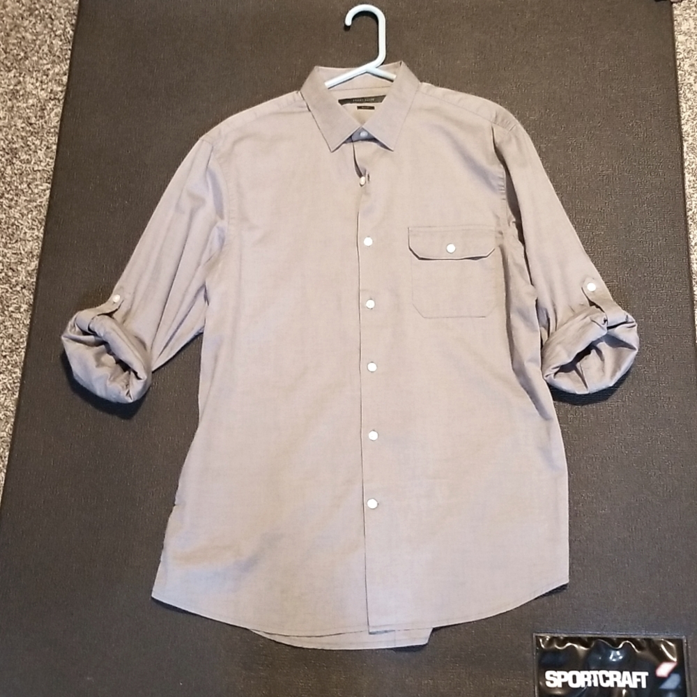 💥Mens Perry Ellis L Slim fit grey long sleeve button down dress shirt